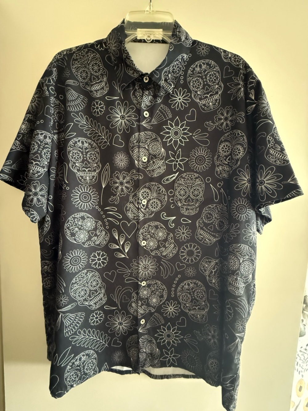 Black Short-Sleeve Button-Down Shirt with White Skull Print